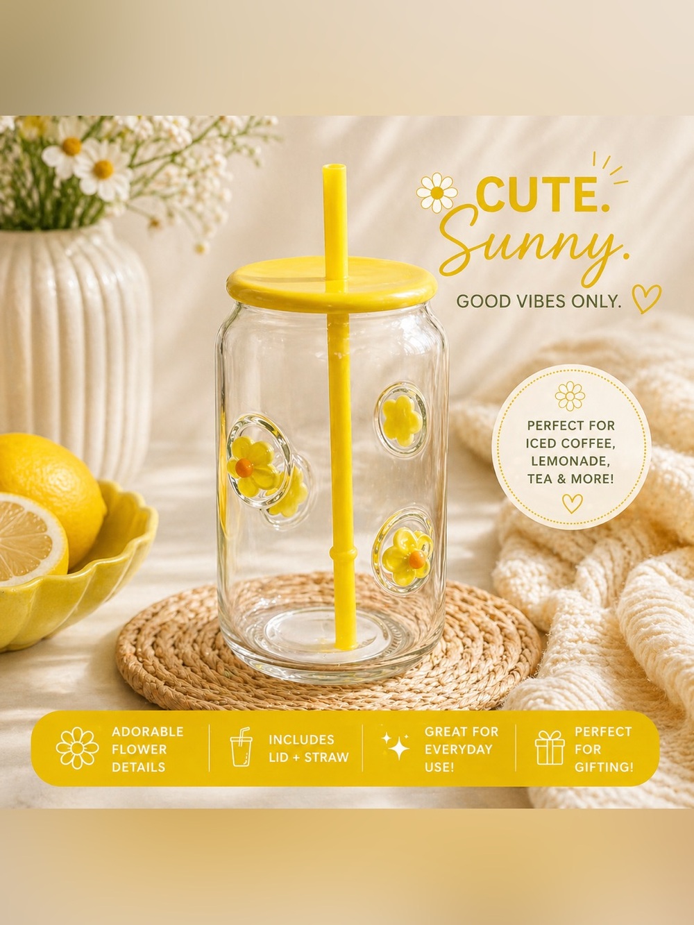 Clear Glass Daisy Flower Tumbler w/ Yellow Lid & Straw Cute Aesthetic Cup